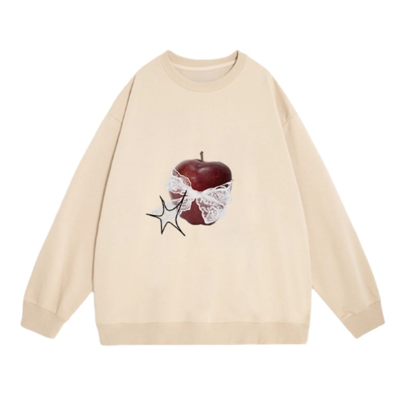 Lace Apple Print Chic Khaki Sweatshirt
