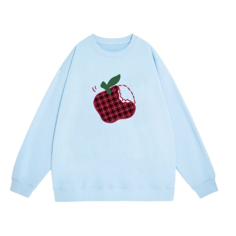 Red Plaid Apple-Patterned Crew Neck Sweatshirt